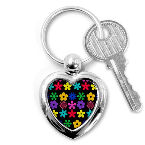 Colorful flowers on a black background pattern                                                            Key Chain (Heart) from ArtsNow.com Front