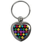 Colorful flowers on a black background pattern                                                            Key Chain (Heart)