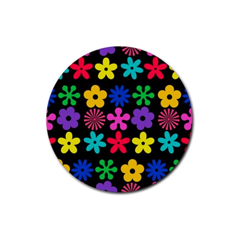 Colorful flowers on a black background pattern                                                            Rubber Round Coaster (4 pack) from ArtsNow.com Front