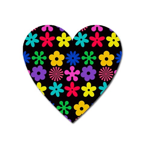 Colorful flowers on a black background pattern                                                            Magnet (Heart) from ArtsNow.com Front