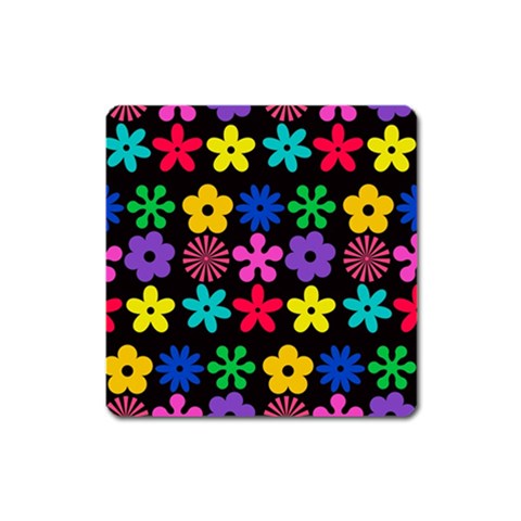 Colorful flowers on a black background pattern                                                            Magnet (Square) from ArtsNow.com Front