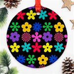 Colorful flowers on a black background pattern                                                            Ornament (Round)