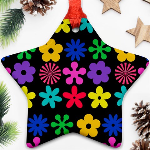 Colorful flowers on a black background pattern                                                            Ornament (Star) from ArtsNow.com Front