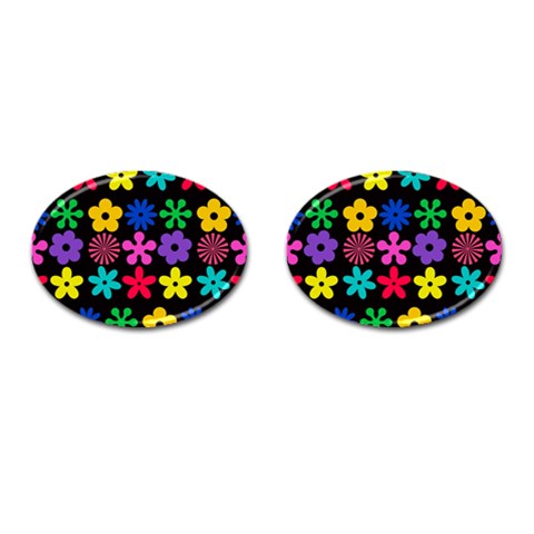 Colorful flowers on a black background pattern                                                            Cufflinks (Oval) from ArtsNow.com Front(Pair)