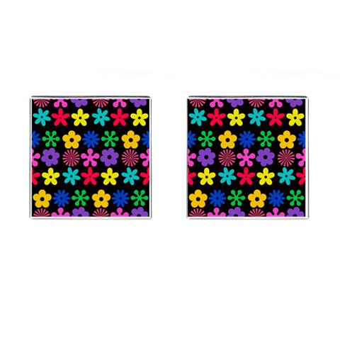 Colorful flowers on a black background pattern                                                            Cufflinks (Square) from ArtsNow.com Front(Pair)