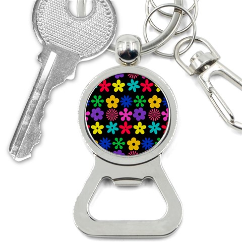 Colorful flowers on a black background pattern                                                            Bottle Opener Key Chain from ArtsNow.com Front