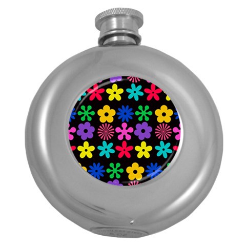 Colorful flowers on a black background pattern                                                            Hip Flask (5 oz) from ArtsNow.com Front