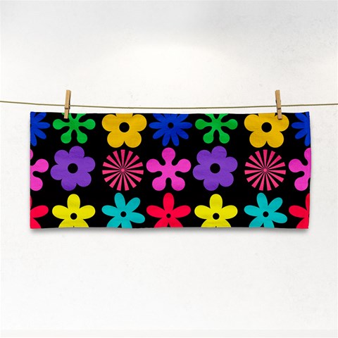 Colorful flowers on a black background pattern                                                            Hand Towel from ArtsNow.com Front