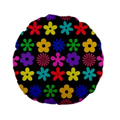 Colorful flowers on a black background pattern                                                           Standard 15  Premium Flano Round Cushion from ArtsNow.com Front