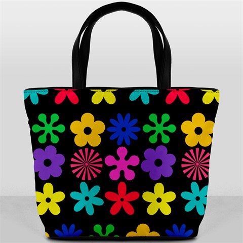 Colorful flowers on a black background pattern                                                            Bucket Bag from ArtsNow.com Front