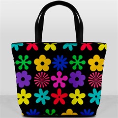 Colorful flowers on a black background pattern                                                            Bucket Bag from ArtsNow.com Front