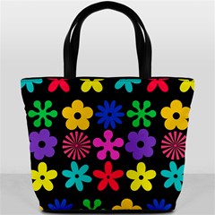 Colorful flowers on a black background pattern                                                            Bucket Bag from ArtsNow.com Back