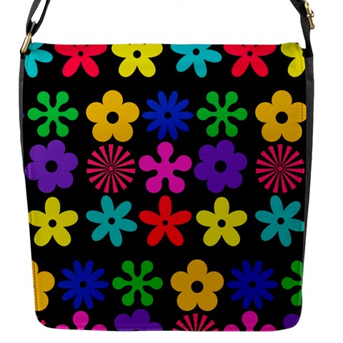 Colorful flowers on a black background pattern                                                            Flap Closure Messenger Bag (S) from ArtsNow.com Front