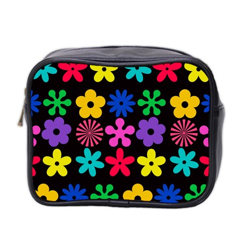 Colorful flowers on a black background pattern                                                            Mini Toiletries Bag (Two Sides) from ArtsNow.com Front