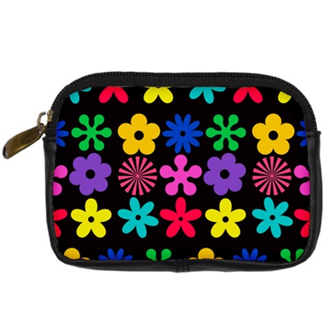 Colorful flowers on a black background pattern                                                            Digital Camera Leather Case from ArtsNow.com Front