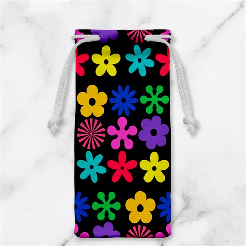 Colorful flowers on a black background pattern                                                            Jewelry Bag from ArtsNow.com Front