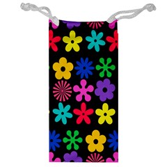 Colorful flowers on a black background pattern                                                            Jewelry Bag from ArtsNow.com Front