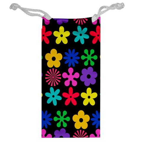 Colorful flowers on a black background pattern                                                            Jewelry Bag from ArtsNow.com Back