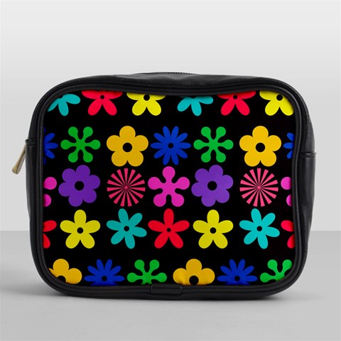 Colorful flowers on a black background pattern                                                            Mini Toiletries Bag (One Side) from ArtsNow.com Front