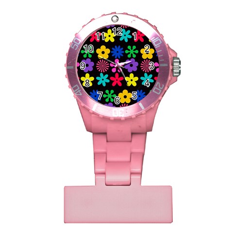 Colorful flowers on a black background pattern                                                            Nurses Watch from ArtsNow.com Front