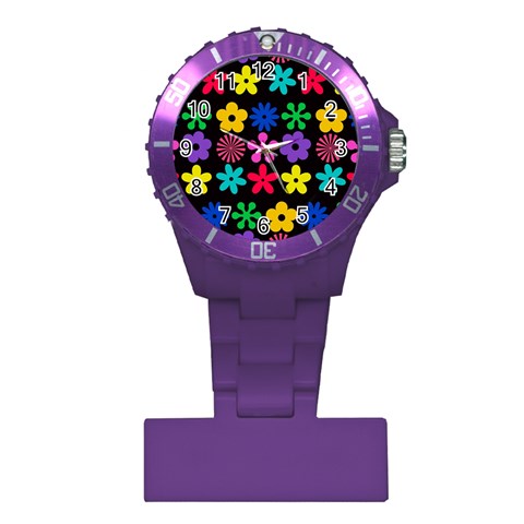 Colorful flowers on a black background pattern                                                            Nurses Watch from ArtsNow.com Front