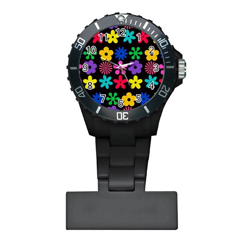 Colorful flowers on a black background pattern                                                            Nurses Watch from ArtsNow.com Front