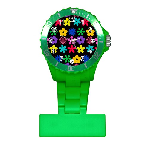 Colorful flowers on a black background pattern                                                            Nurses Watch from ArtsNow.com Front