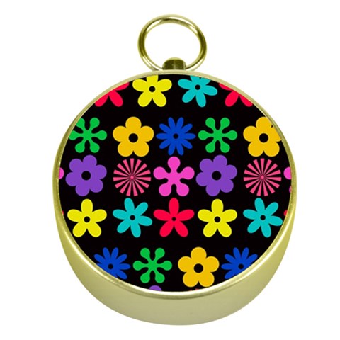 Colorful flowers on a black background pattern                                                            Gold Compass from ArtsNow.com Front