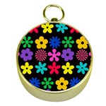 Colorful flowers on a black background pattern                                                            Gold Compass