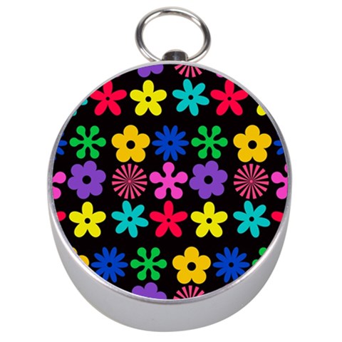 Colorful flowers on a black background pattern                                                            Silver Compass from ArtsNow.com Front