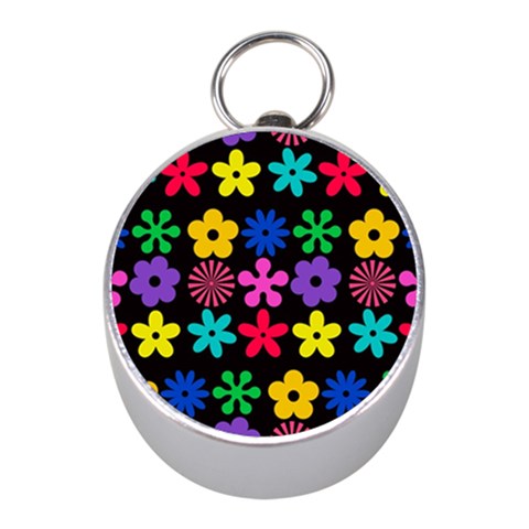 Colorful flowers on a black background pattern                                                            Silver Compass (Mini) from ArtsNow.com Front