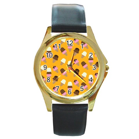 Ice cream on an orange background pattern                                                             Round Gold Metal Watch from ArtsNow.com Front