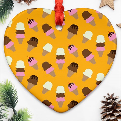 Ice cream on an orange background pattern                                                             Ornament (Heart) from ArtsNow.com Front