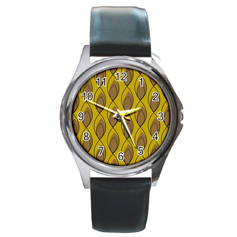 Yellow Brown Minimalist Leaves Round Metal Watch from ArtsNow.com Front