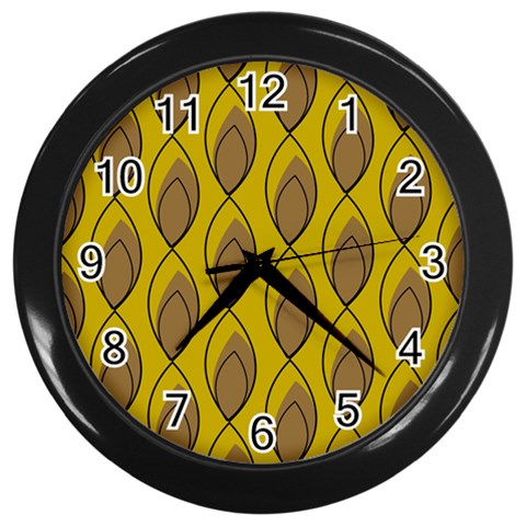 Yellow Brown Minimalist Leaves Wall Clock (Black) from ArtsNow.com Front