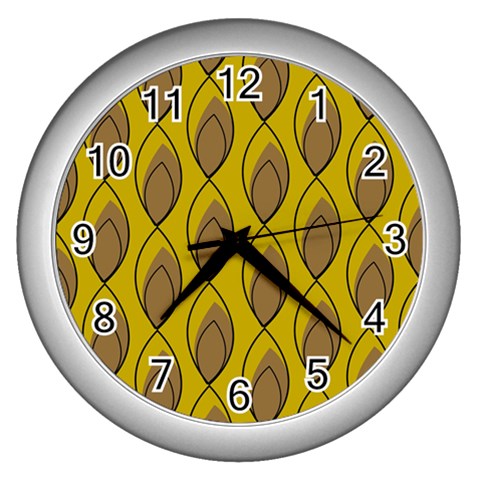 Yellow Brown Minimalist Leaves Wall Clock (Silver) from ArtsNow.com Front