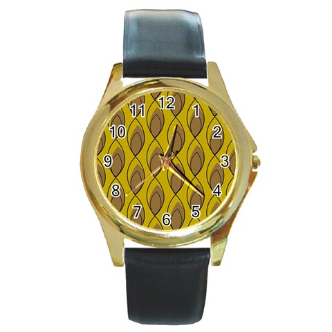 Yellow Brown Minimalist Leaves Round Gold Metal Watch from ArtsNow.com Front