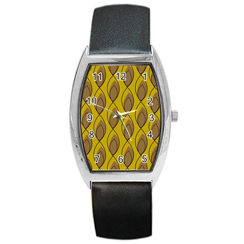 Yellow Brown Minimalist Leaves Barrel Style Metal Watch from ArtsNow.com Front