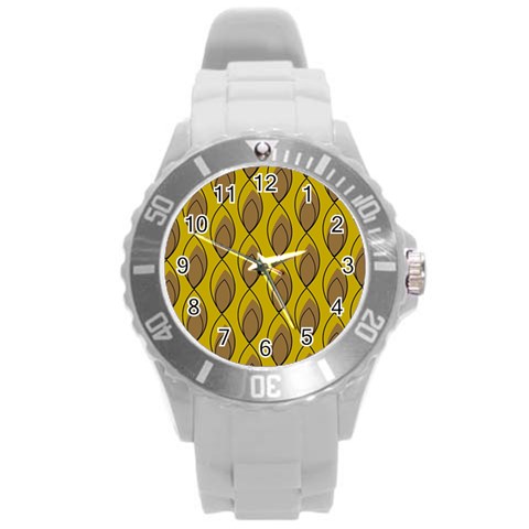 Yellow Brown Minimalist Leaves Round Plastic Sport Watch (L) from ArtsNow.com Front