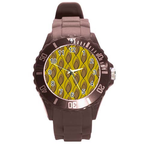 Yellow Brown Minimalist Leaves Round Plastic Sport Watch (L) from ArtsNow.com Front