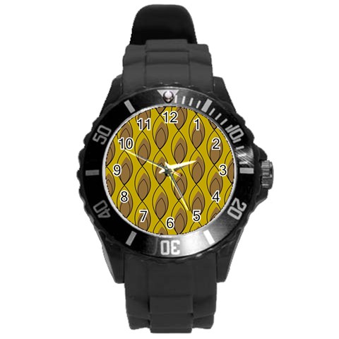 Yellow Brown Minimalist Leaves Round Plastic Sport Watch (L) from ArtsNow.com Front