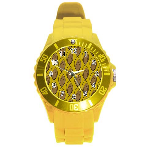 Yellow Brown Minimalist Leaves Round Plastic Sport Watch (L) from ArtsNow.com Front