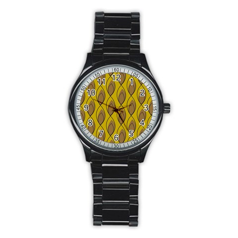 Yellow Brown Minimalist Leaves Stainless Steel Round Watch from ArtsNow.com Front