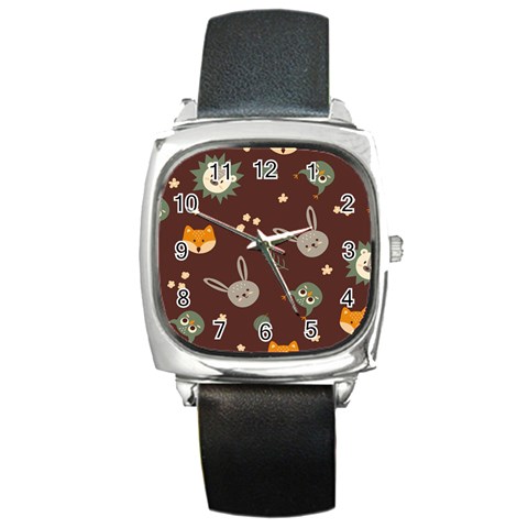 Rabbits, Owls And Cute Little Porcupines  Square Metal Watch from ArtsNow.com Front