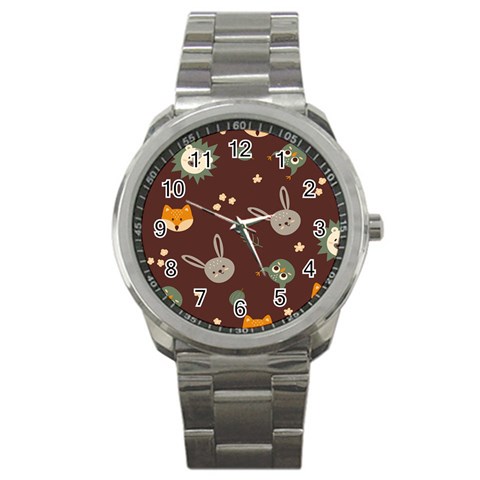 Rabbits, Owls And Cute Little Porcupines  Sport Metal Watch from ArtsNow.com Front