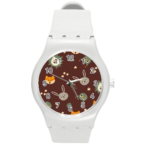 Rabbits, Owls And Cute Little Porcupines  Round Plastic Sport Watch (M) from ArtsNow.com Front