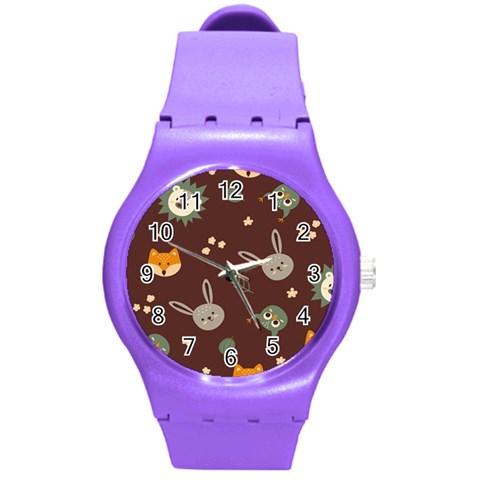 Rabbits, Owls And Cute Little Porcupines  Round Plastic Sport Watch (M) from ArtsNow.com Front