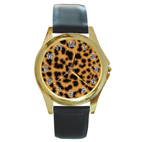 Leopard Print Spots Round Gold Metal Watch from ArtsNow.com Front