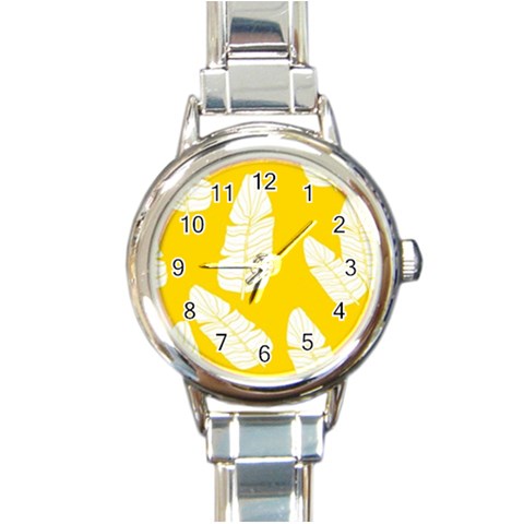 Yellow Banana Leaves Round Italian Charm Watch from ArtsNow.com Front