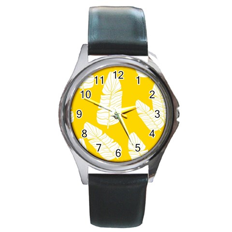 Yellow Banana Leaves Round Metal Watch from ArtsNow.com Front